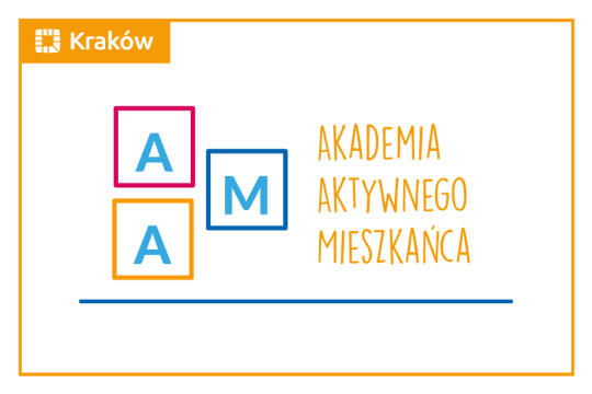 Logo Akademii Aktywnego Mieszkańca, 3 kwadraty każdy obramowany w innym kolorze: żółty, niebieski, różowy na białym tle i w dużej żółtej ramie Krakowa.