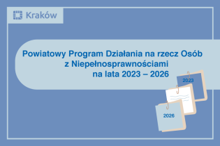 napis na niebieskim tle: Powiatowy Program Działania na rzecz Osób z Niepełnosprawnościami na lata 2023 – 2026 - konsultacje społeczne