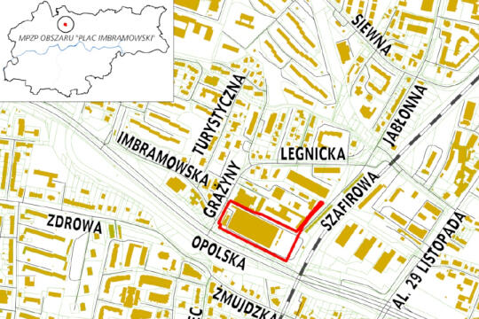 granice projektu miejscowego planu zagospodarowania przestrzennego obszaru Plac Imbramowski
