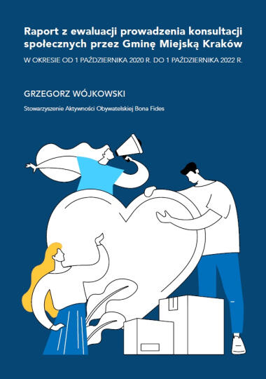 okładka raportu: rysunek postaci 2 kobiet, w tym jednej z megafonem, i mężczyzny przy sercu i urnach do głosowania na niebieskim tle.
