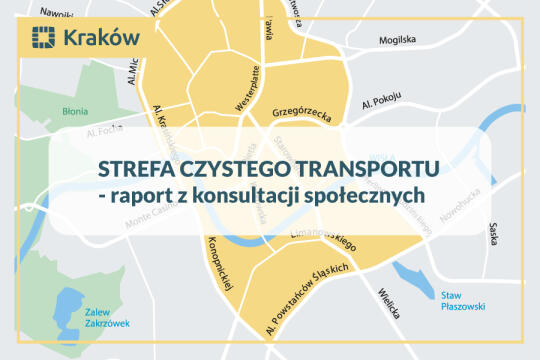 Grafika przedstawia mapę z obszarem, który zajmuje Strefa Czystego Transportu i napis raport z konsultacji społecznych.